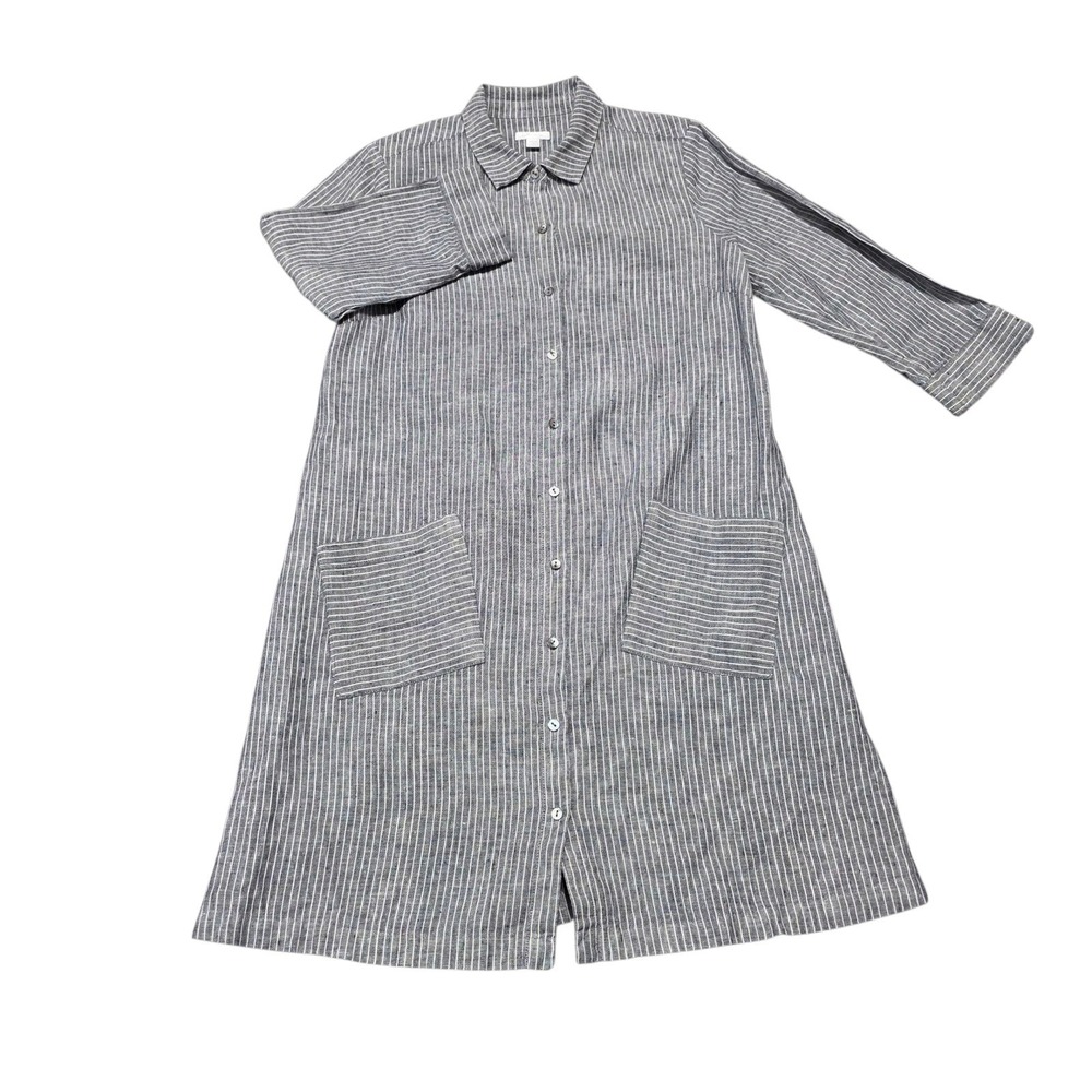 J.Jill Love Linen Shirt Dress Womens Small Blue Striped Button Front Pockets‎